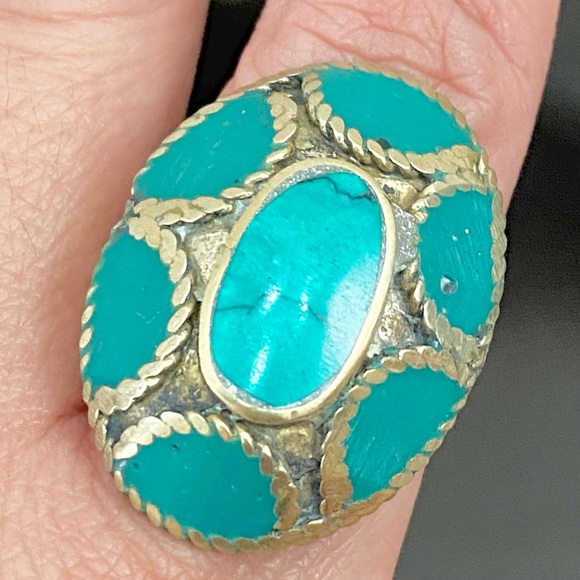 Vintage Turquoise Mosaic Cocktail Ring Size 8 - Picture 5 of 12